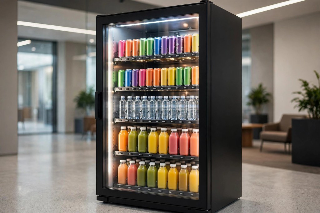 Glass-front beverage vending machine stocked with bottled drinks, juices and cans