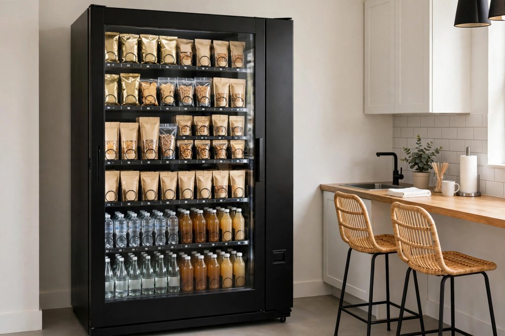 Combination snack and drink vending machine in an office kitchenette