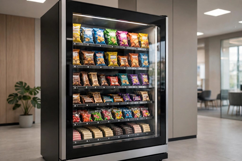 Glass-front snack vending machine stocked with chips, bars and candy
