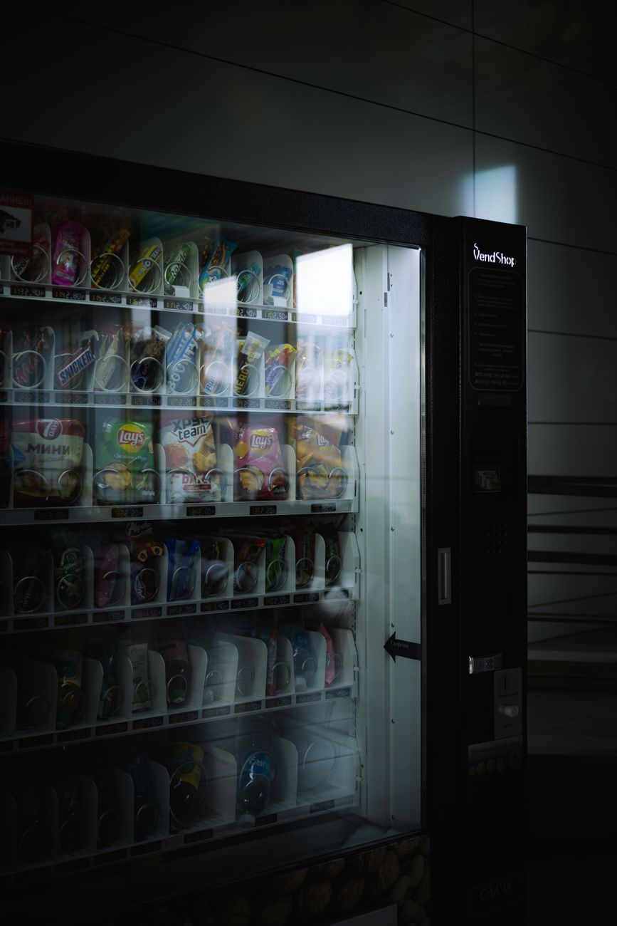 Interior of a modern vending machine stocked with products